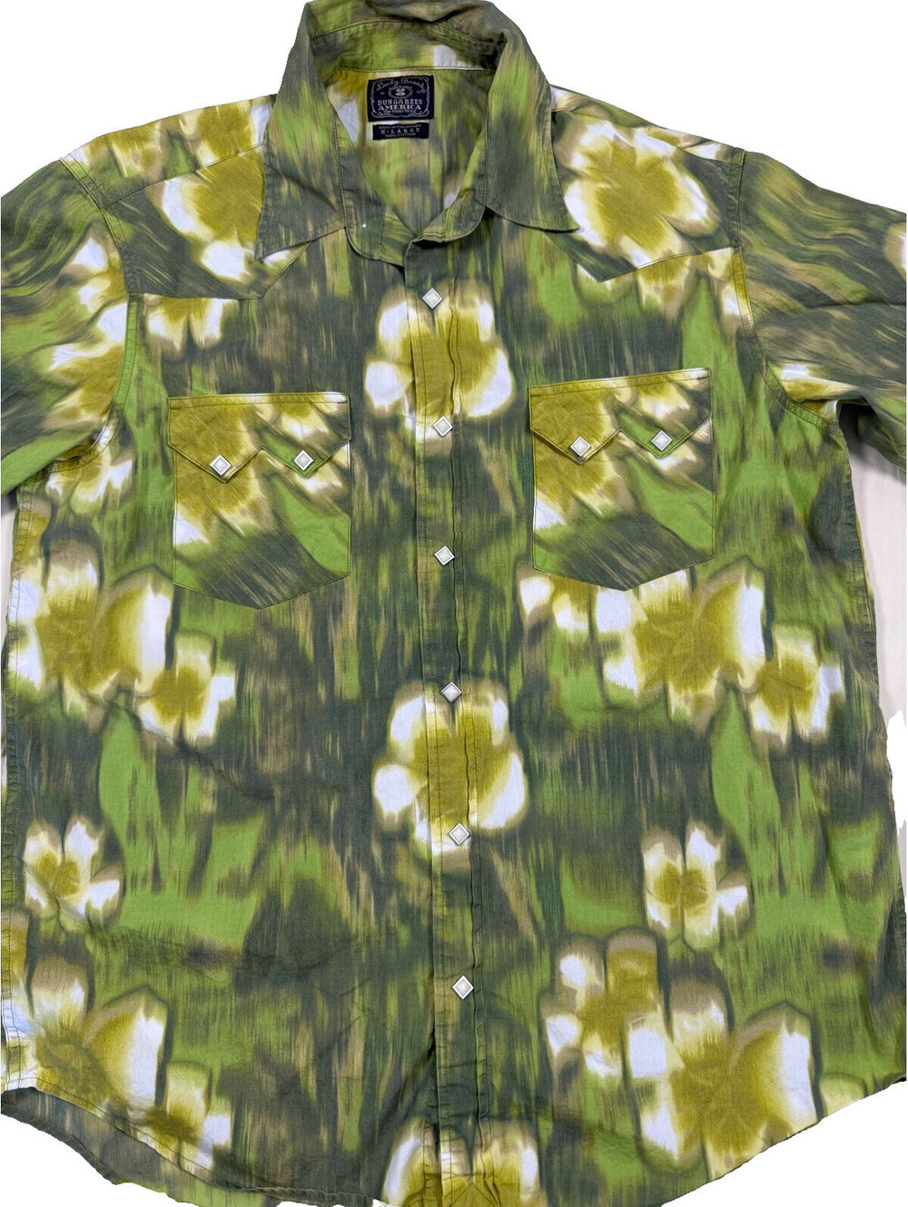 Lucky Men's Short Sleeve Shirt XL Green Floral Tye-Die Pearl Snaps